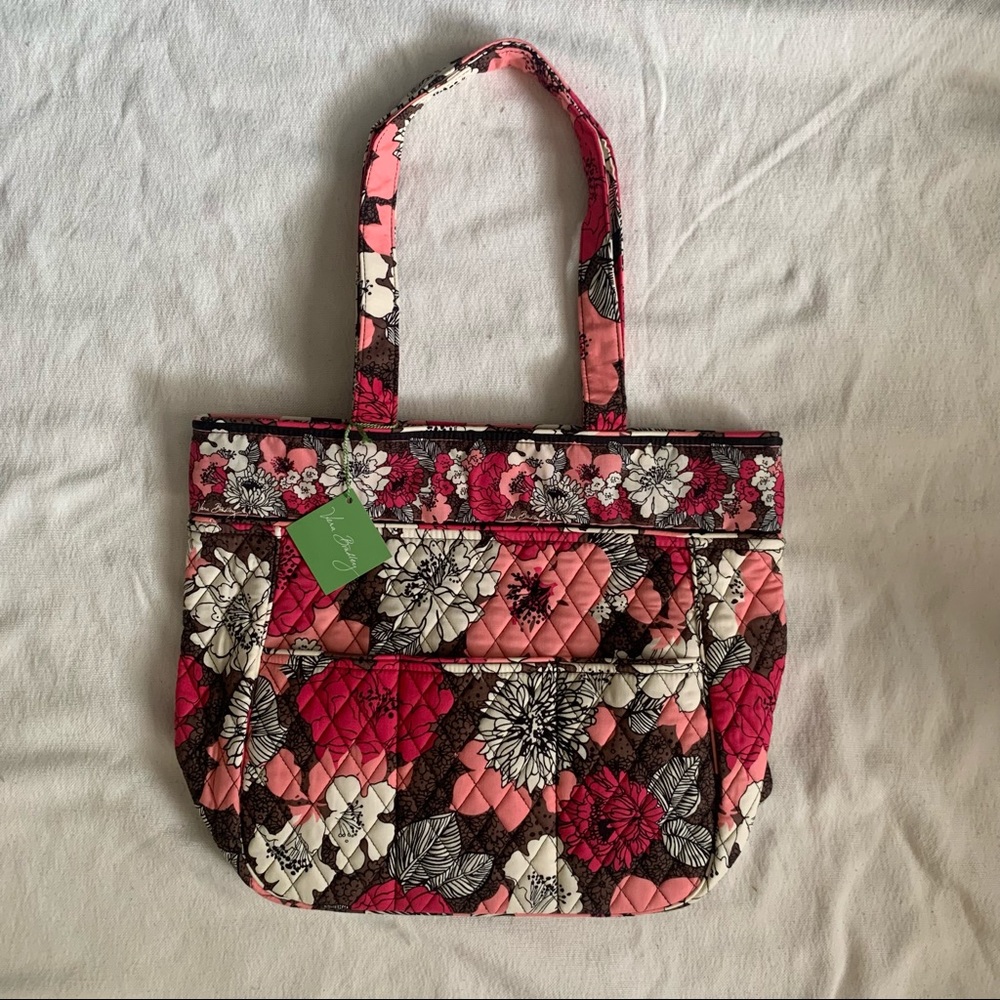 NWT Vera Bradley Three Pocket Tote Mocha Rouge Tote Bag Purse